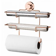 Suporte de Rolos Triplo Papel Toalha PVC Alumínio Fixação Ventosa Rose Gold