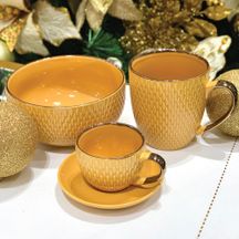 Conjunto 4 Xícaras de Café Com Pires Porcelana Amarelo Drops com Detalhe Metalizado - 90ml