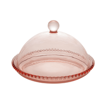 Queijeira de Cristal Pearl Bolinha Rosa - 20 cm