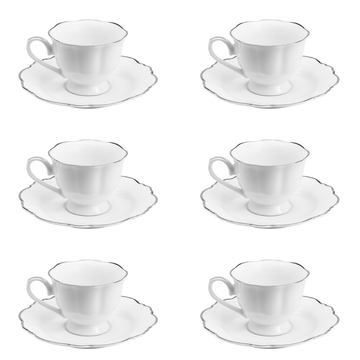 Jogo 6 Xícaras de Café Com Pires Porcelana Branco Com Fio Prateado - 80ml