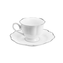 Jogo 6 Xícaras de Café Com Pires Porcelana Branco Com Fio Prateado - 80ml