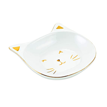 Mini Prato Gato Em Cerâmica Branco Com Dourado - 16 cm