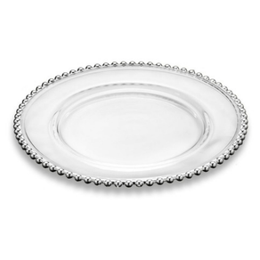 Prato Raso Cristal com Borda Bolinha Prata Pearl - 28 cm