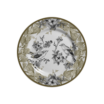 Prato de Sobremesa Flora Flores e Pássaros Dourado e Marinho Cerâmica Acetinado - 19,5 cm