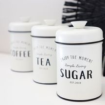 Conjunto de Latas Herméticas Porta Condimentos em Metal Branco Sugar Coffee Tea - 3 Peças