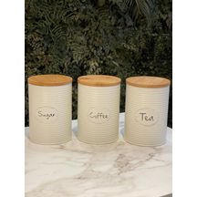Conjunto de Latas Herméticas Porta Condimentos em Metal Branco Tampa Madeira Sugar Coffee Tea - 3 Peças