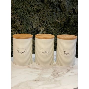 Conjunto de Latas Herméticas Porta Condimentos em Metal Branco Tampa Madeira Sugar Coffee Tea - 3 Peças