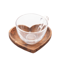 Jogo 6 Xícaras de Chá Com Prato em Madeira Teca Coração 190ml