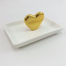Porta Joias Branco em Cerâmica com Coração Dourado 13cm