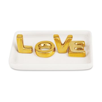 Porta Joias Branco Cerâmica com Palavra Love em Dourado 13cm