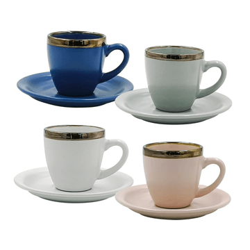 Jogo 4 Xícaras de Café e 4 Pires em Porcelana Colorido com Dourado 100ml