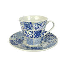 Jogo 6 Xicaras Tile para Café com Pires Porcelana Azul e Branco 90ml