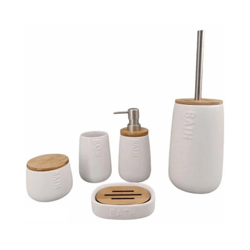 Kit para Banheiro Acessórios Cerâmica e Bambu Nature Branco 5 Peças Elegante