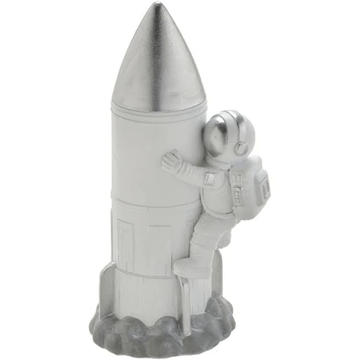 Escultura Astronauta no Foguete Decorativo Cromado 20cm