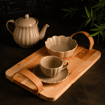 Jogo de Chá de Porcelana Cor Creme - 6 Xícaras + 1 Jarra Bule + 1 Bandeja -  Café da Manhã Cozinha