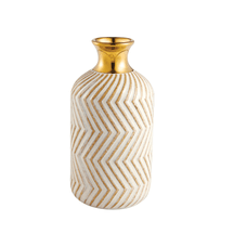 Vaso em Cerâmica com Ranhuras Bege e Dourado 14cm